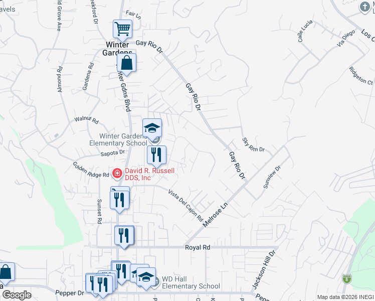map of restaurants, bars, coffee shops, grocery stores, and more near 12313 Winter Gardens Drive in Lakeside