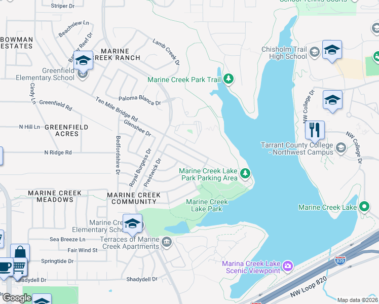 map of restaurants, bars, coffee shops, grocery stores, and more near 5336 New Castleton Lane in Fort Worth