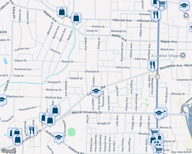map of restaurants, bars, coffee shops, grocery stores, and more near 1446 Helon Street in Macon