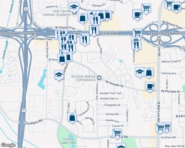 map of restaurants, bars, coffee shops, grocery stores, and more near 4112 High Crest Drive in Irving