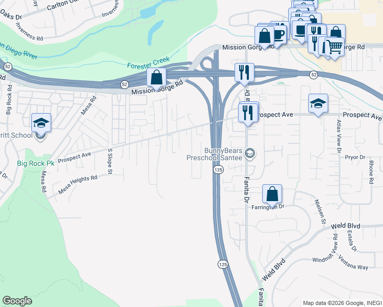 map of restaurants, bars, coffee shops, grocery stores, and more near Placid View Drive in Santee
