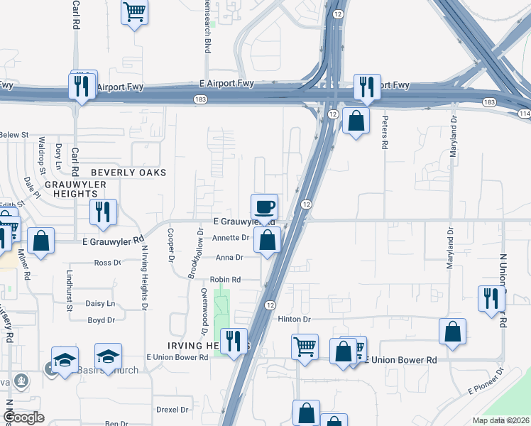 map of restaurants, bars, coffee shops, grocery stores, and more near 1904 East Grauwyler Road in Irving