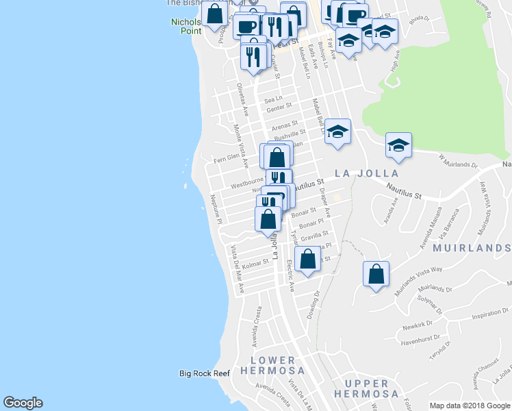 map of restaurants, bars, coffee shops, grocery stores, and more near 373 Nautilus Street in San Diego