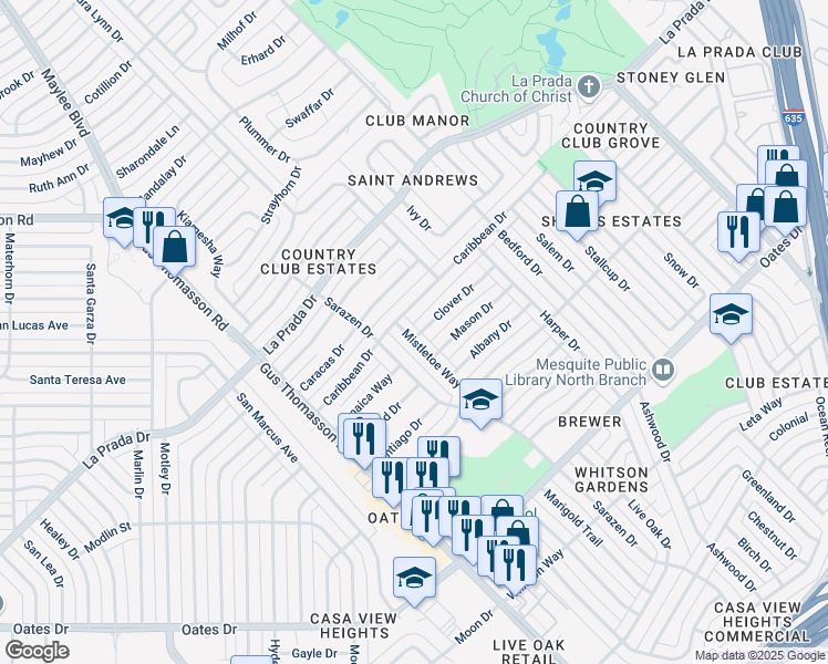 map of restaurants, bars, coffee shops, grocery stores, and more near 4845 Mistletoe Way in Mesquite