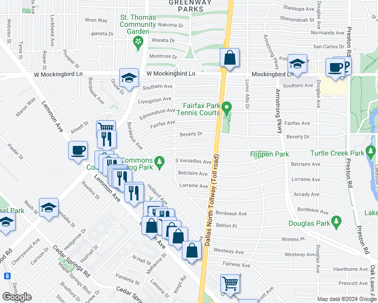 map of restaurants, bars, coffee shops, grocery stores, and more near 4661 North Versailles Avenue in Dallas