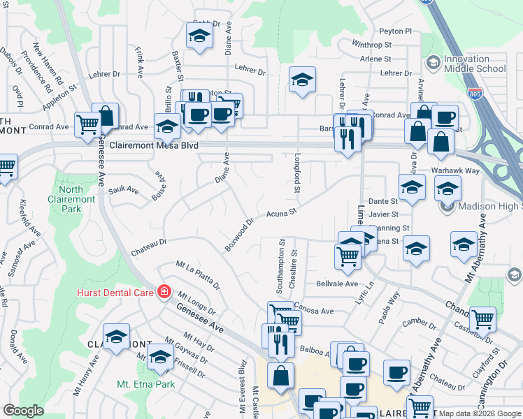 map of restaurants, bars, coffee shops, grocery stores, and more near 4917 Acuna Street in San Diego