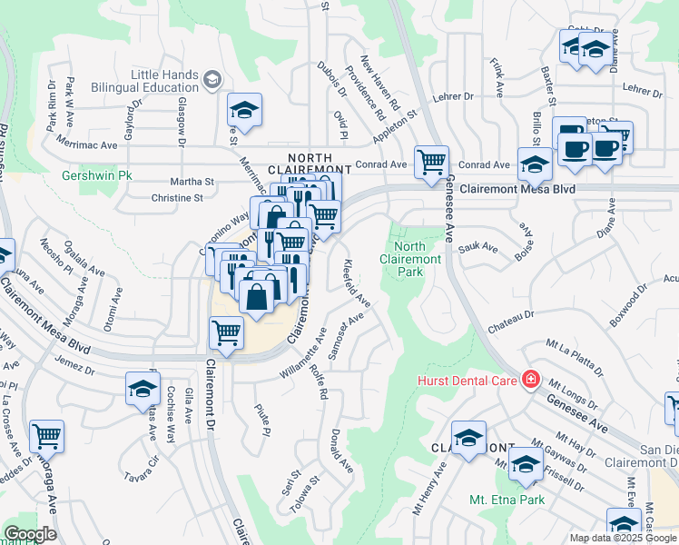 map of restaurants, bars, coffee shops, grocery stores, and more near 4686 Kleefeld Avenue in San Diego