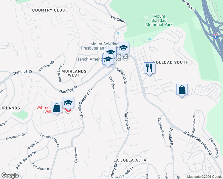map of restaurants, bars, coffee shops, grocery stores, and more near 6325 Castejon Drive in San Diego