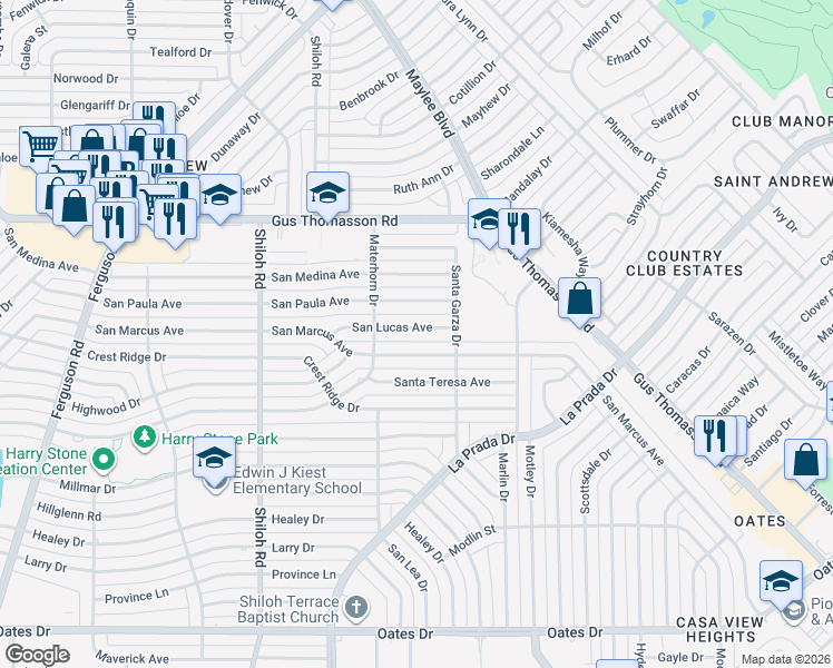 map of restaurants, bars, coffee shops, grocery stores, and more near 3217 San Marcus Avenue in Dallas