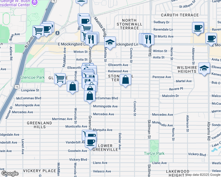 map of restaurants, bars, coffee shops, grocery stores, and more near 3516 Bremen Street in Dallas