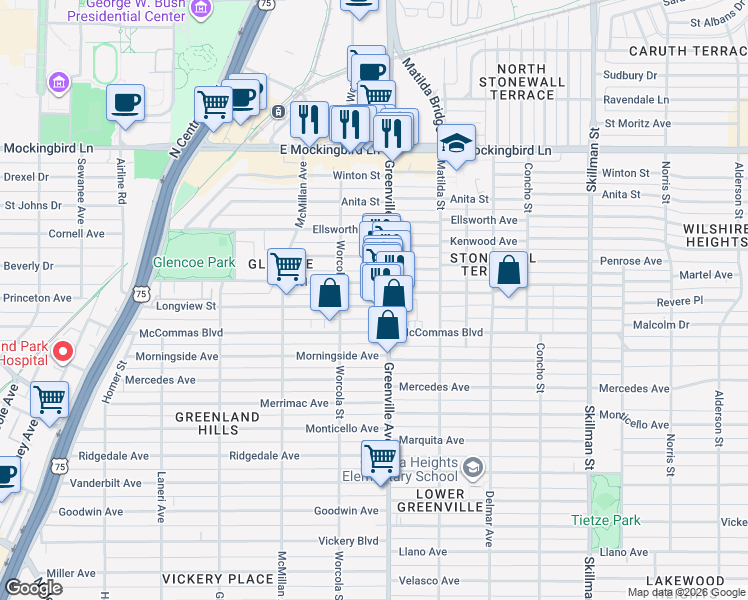 map of restaurants, bars, coffee shops, grocery stores, and more near 5624 Longview Street in Dallas