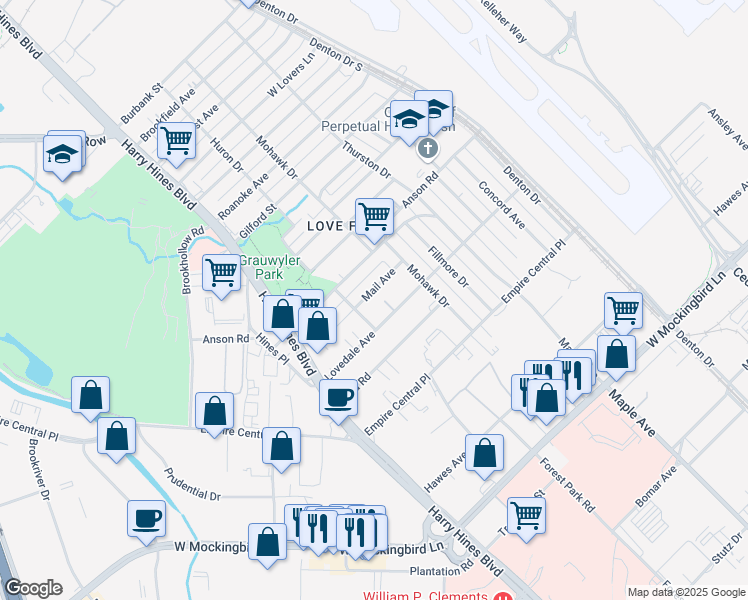 map of restaurants, bars, coffee shops, grocery stores, and more near 2166 Mail Avenue in Dallas
