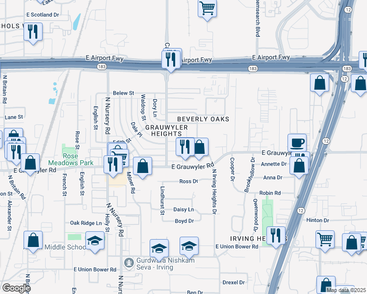 map of restaurants, bars, coffee shops, grocery stores, and more near 1413 Blackwell Drive in Irving