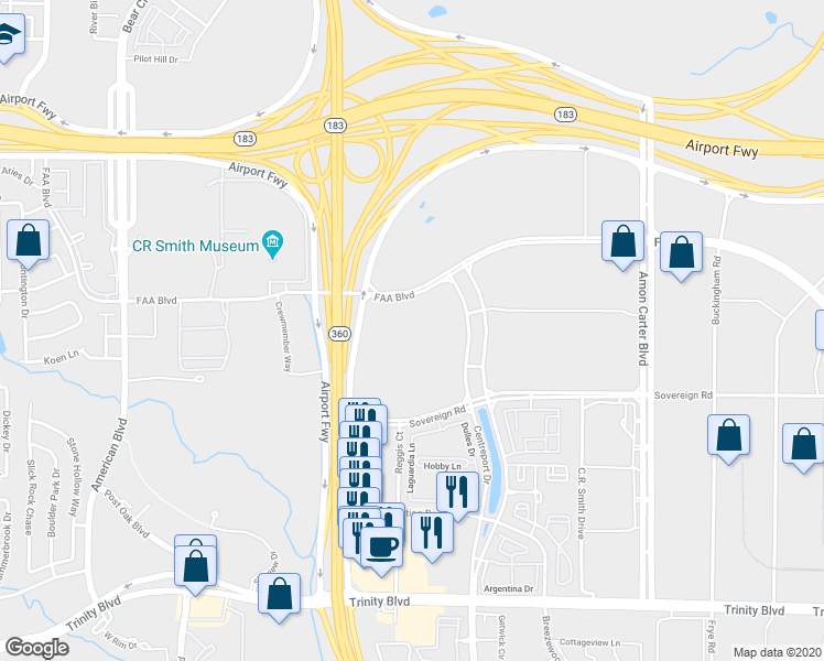 map of restaurants, bars, coffee shops, grocery stores, and more near 14200 FAA Boulevard in Fort Worth