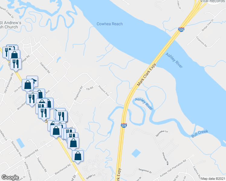 map of restaurants, bars, coffee shops, grocery stores, and more near 2117 Virginia Oak Court in Charleston