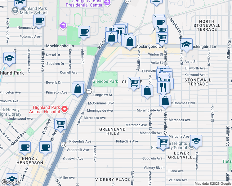 map of restaurants, bars, coffee shops, grocery stores, and more near 5404 Longview Street in Dallas