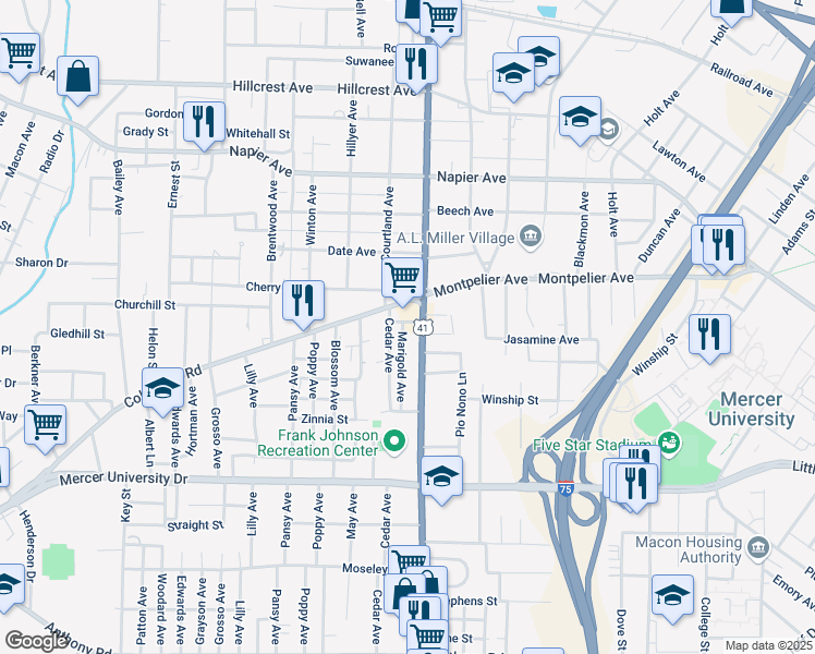 map of restaurants, bars, coffee shops, grocery stores, and more near 1518 Pio Nono Avenue in Macon