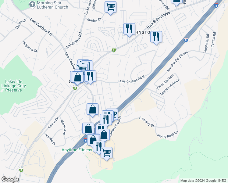 map of restaurants, bars, coffee shops, grocery stores, and more near 13435 Los Coches Road in Lakeside