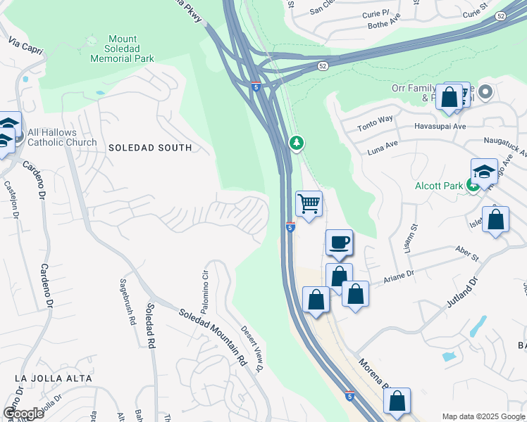 map of restaurants, bars, coffee shops, grocery stores, and more near 6077 Firwood Row in San Diego