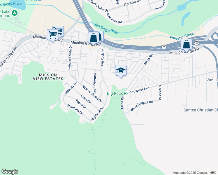 map of restaurants, bars, coffee shops, grocery stores, and more near 8549 Big Rock Road in Santee