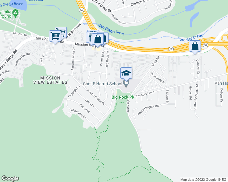 map of restaurants, bars, coffee shops, grocery stores, and more near 8549 Big Rock Road in Santee
