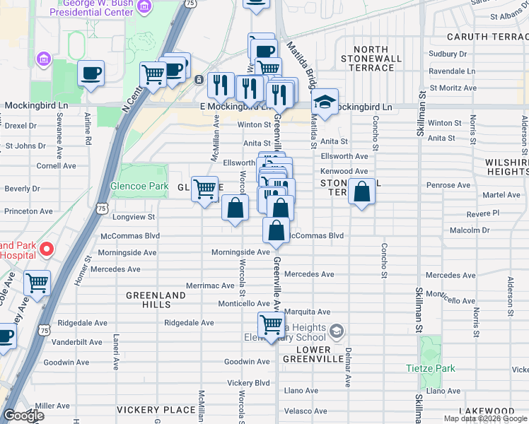 map of restaurants, bars, coffee shops, grocery stores, and more near 5624 Longview Street in Dallas