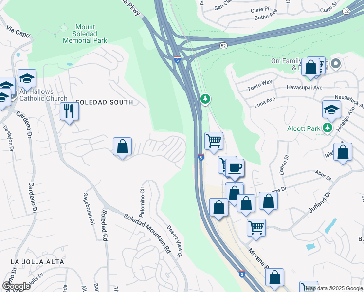 map of restaurants, bars, coffee shops, grocery stores, and more near 6077 Firwood Row in San Diego
