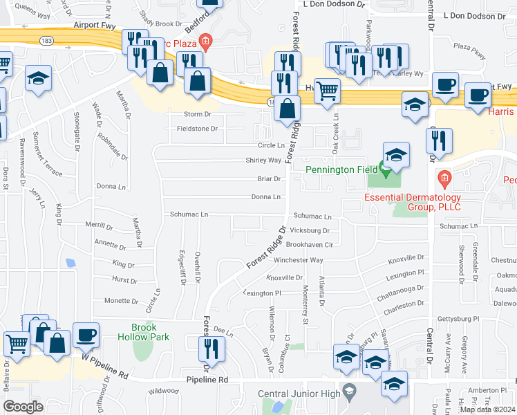 map of restaurants, bars, coffee shops, grocery stores, and more near 1325 Tennis Drive in Bedford