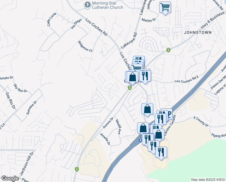 map of restaurants, bars, coffee shops, grocery stores, and more near 8624 Sage Shadow Drive in El Cajon