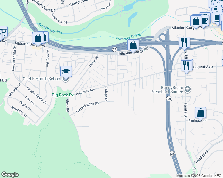 map of restaurants, bars, coffee shops, grocery stores, and more near 8580 Dortha Court in Santee