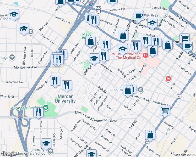 map of restaurants, bars, coffee shops, grocery stores, and more near 1271 Ross Street in Macon