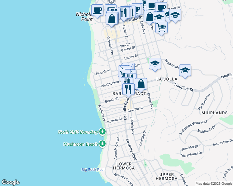 map of restaurants, bars, coffee shops, grocery stores, and more near 373 Nautilus Street in San Diego