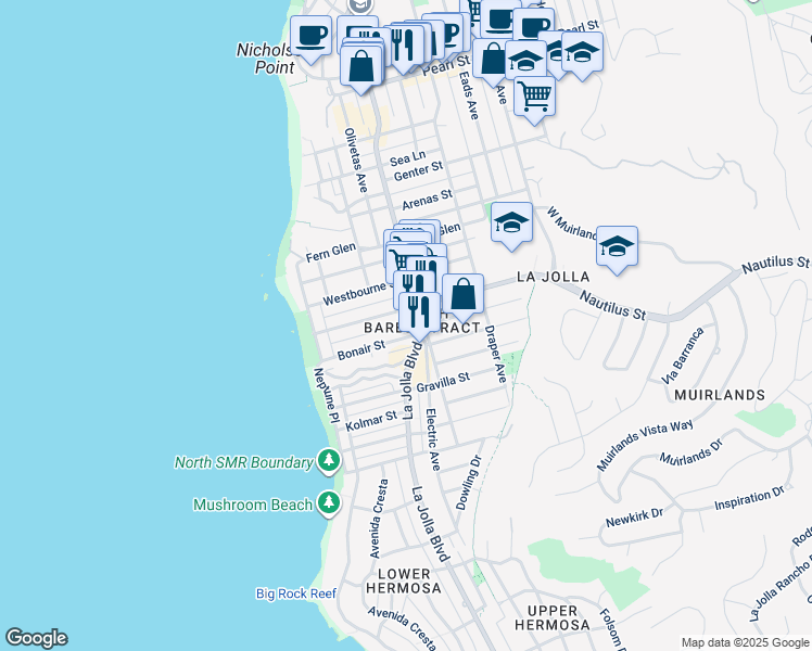 map of restaurants, bars, coffee shops, grocery stores, and more near 436 Bonair Street in San Diego