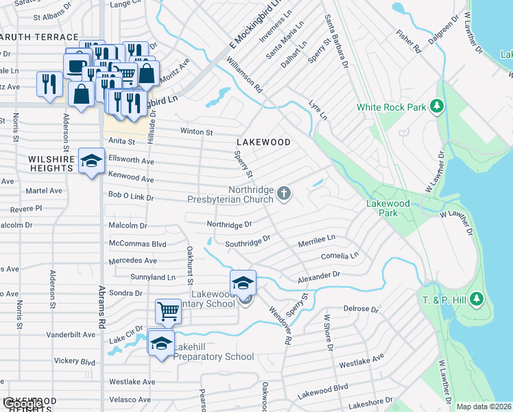 map of restaurants, bars, coffee shops, grocery stores, and more near 6850 Northridge Drive in Dallas
