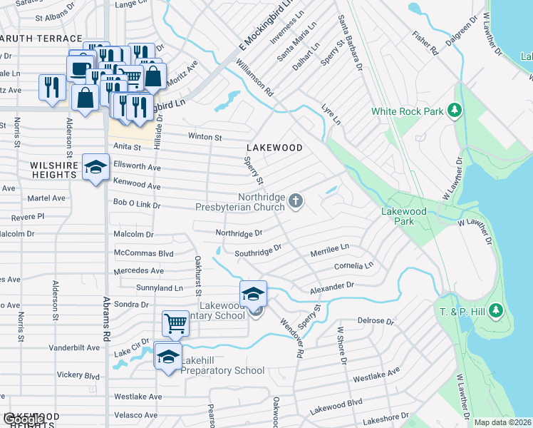 map of restaurants, bars, coffee shops, grocery stores, and more near 6817 Northridge Drive in Dallas
