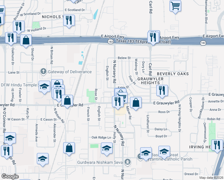 map of restaurants, bars, coffee shops, grocery stores, and more near 1521 North Nursery Road in Irving