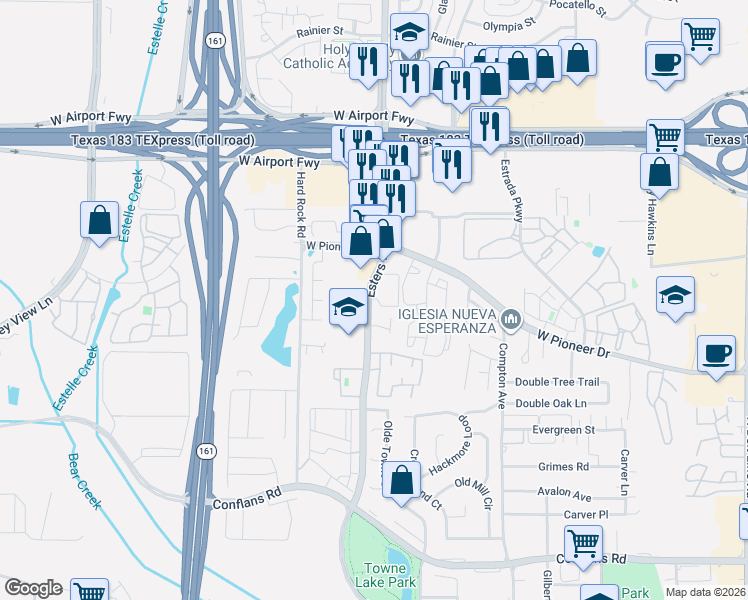 map of restaurants, bars, coffee shops, grocery stores, and more near 1814 Esters Road in Irving