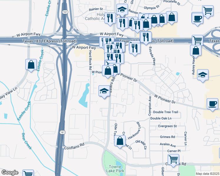 map of restaurants, bars, coffee shops, grocery stores, and more near 4247 Towne Lake Court in Irving