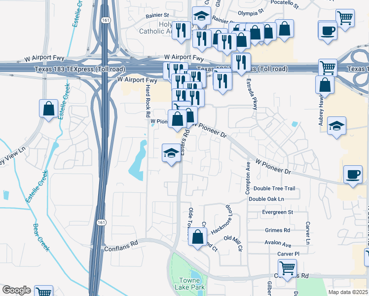 map of restaurants, bars, coffee shops, grocery stores, and more near 1814 Esters Road in Irving