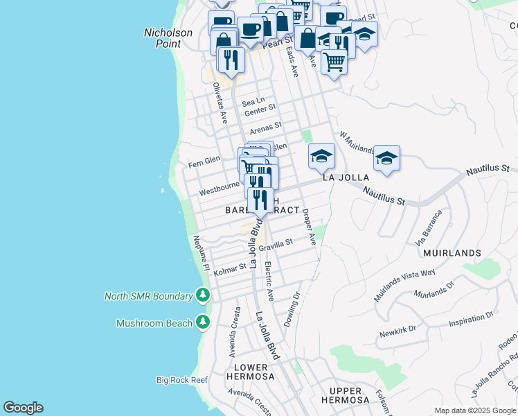 map of restaurants, bars, coffee shops, grocery stores, and more near in San Diego