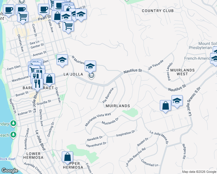 map of restaurants, bars, coffee shops, grocery stores, and more near 1251 Via Barranca in San Diego