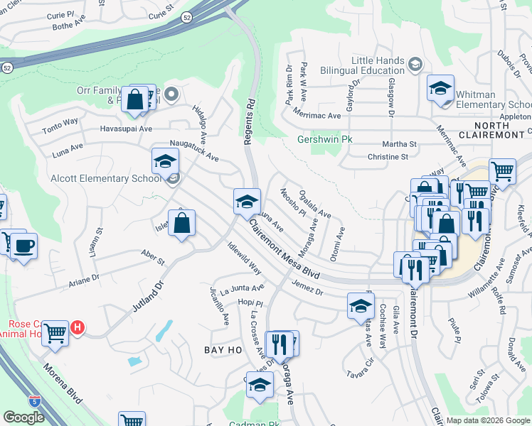 map of restaurants, bars, coffee shops, grocery stores, and more near 3283 Luna Avenue in San Diego