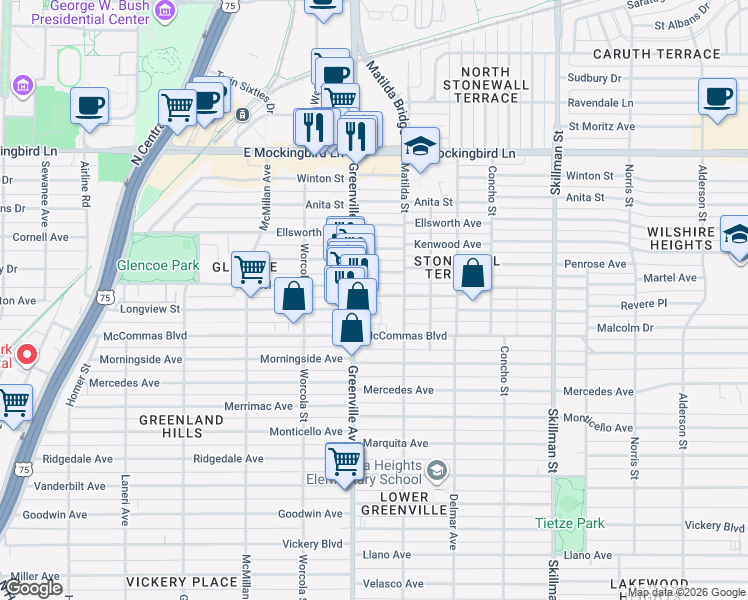 map of restaurants, bars, coffee shops, grocery stores, and more near 5740 Martel Avenue in Dallas
