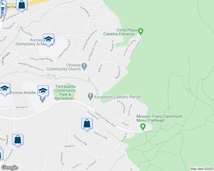 map of restaurants, bars, coffee shops, grocery stores, and more near 4848 Casals Place in San Diego