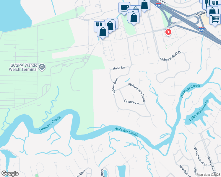 map of restaurants, bars, coffee shops, grocery stores, and more near 561 Hidden Boulevard in Mount Pleasant