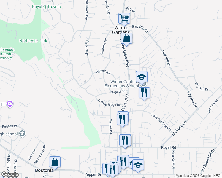 map of restaurants, bars, coffee shops, grocery stores, and more near 11855 Sapota Drive in Lakeside