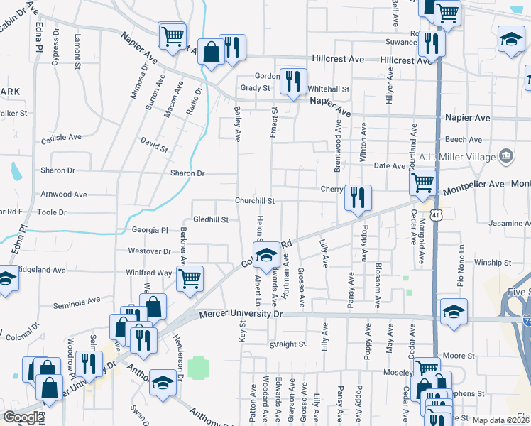 map of restaurants, bars, coffee shops, grocery stores, and more near 1446 Helon Street in Macon