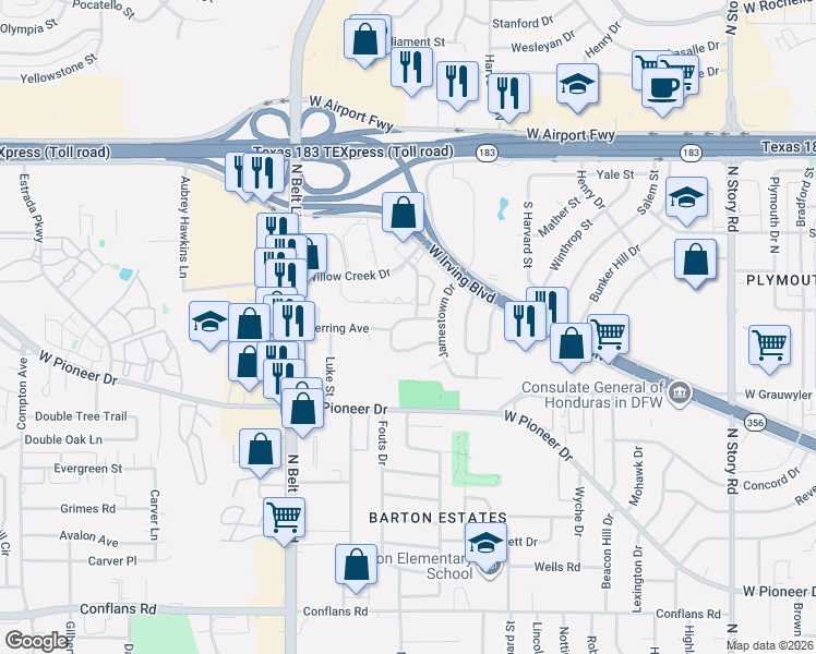 map of restaurants, bars, coffee shops, grocery stores, and more near 3112 Roanoke Drive in Irving