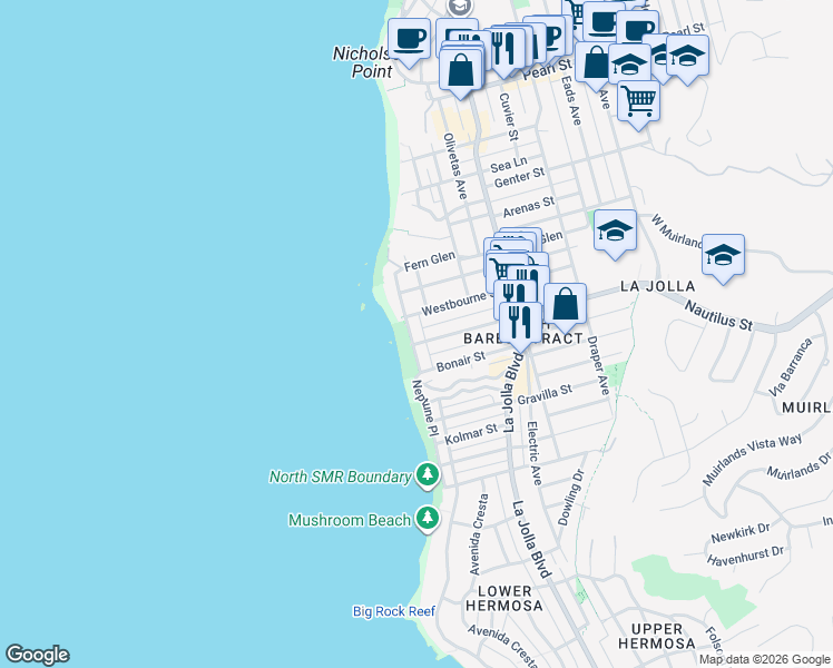 map of restaurants, bars, coffee shops, grocery stores, and more near 6911 Neptune Place in San Diego