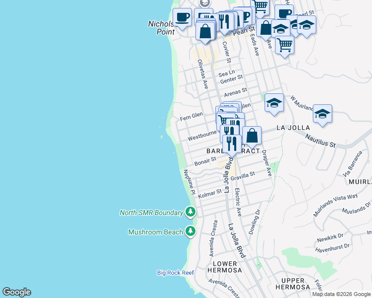 map of restaurants, bars, coffee shops, grocery stores, and more near 6911 Neptune Place in San Diego